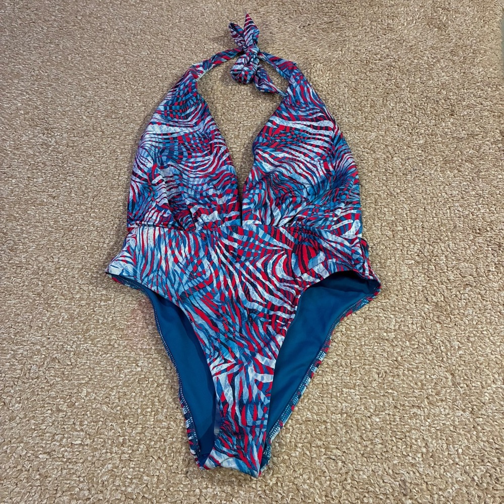 Victoria's Secret Palm Print Halter One Piece Swimsuit Blue Red Medium M